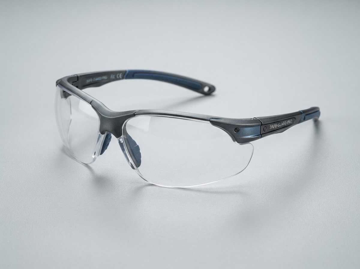 Prescription safety glasses with clear wraparound lenses and side protection on a clean surface