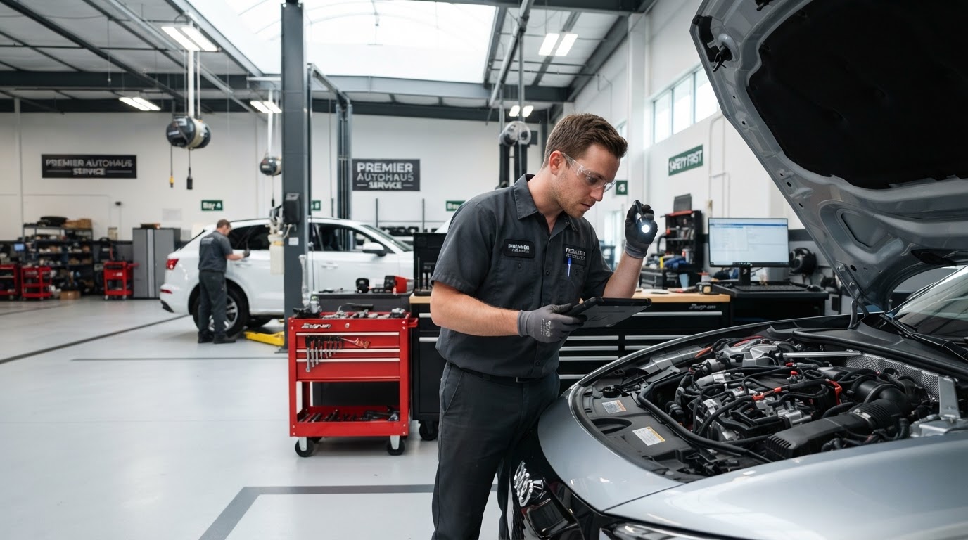 An automotive technician wearing clear safety glasses in a service bay