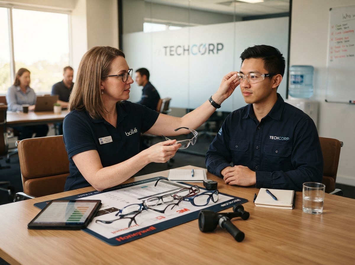An optician consulting with an employee about safety eyewear frame options at a workplace table