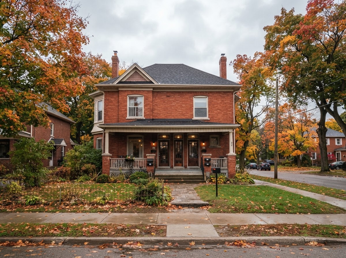 A red brick triplex with separate entrances on a Brantford street in autumn
