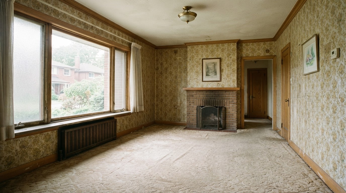 An empty older living room with dated finishes in daylight