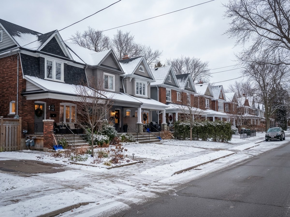 Semi-detached homes on a quiet Southwestern Ontario street in winter