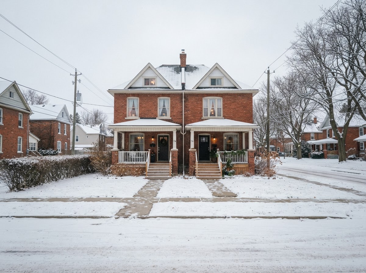 A side-by-side duplex with two porches in winter with light snow