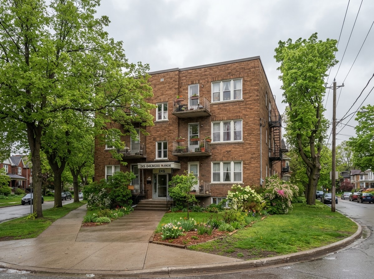 A three-storey brick walk-up apartment building in London Ontario in spring