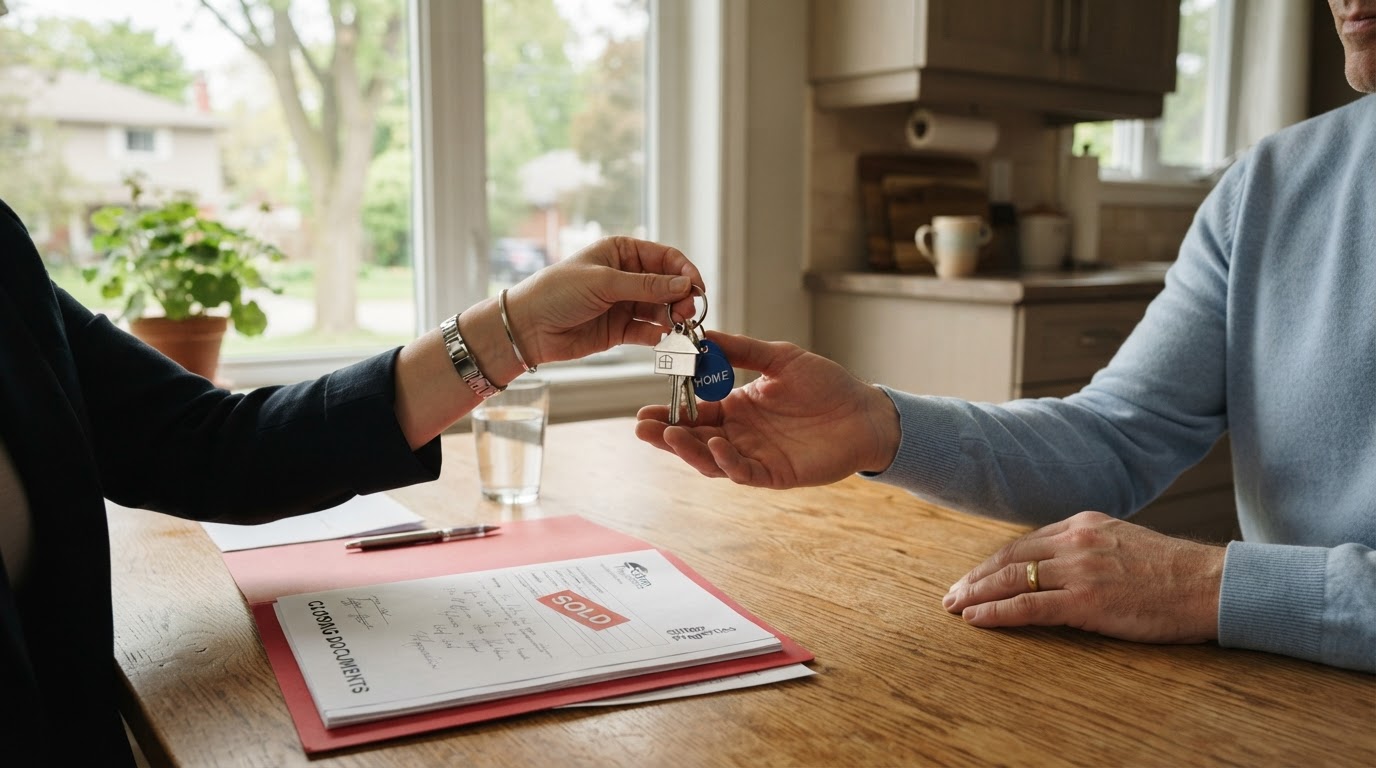 Hands passing house keys across a kitchen table, faces not visible