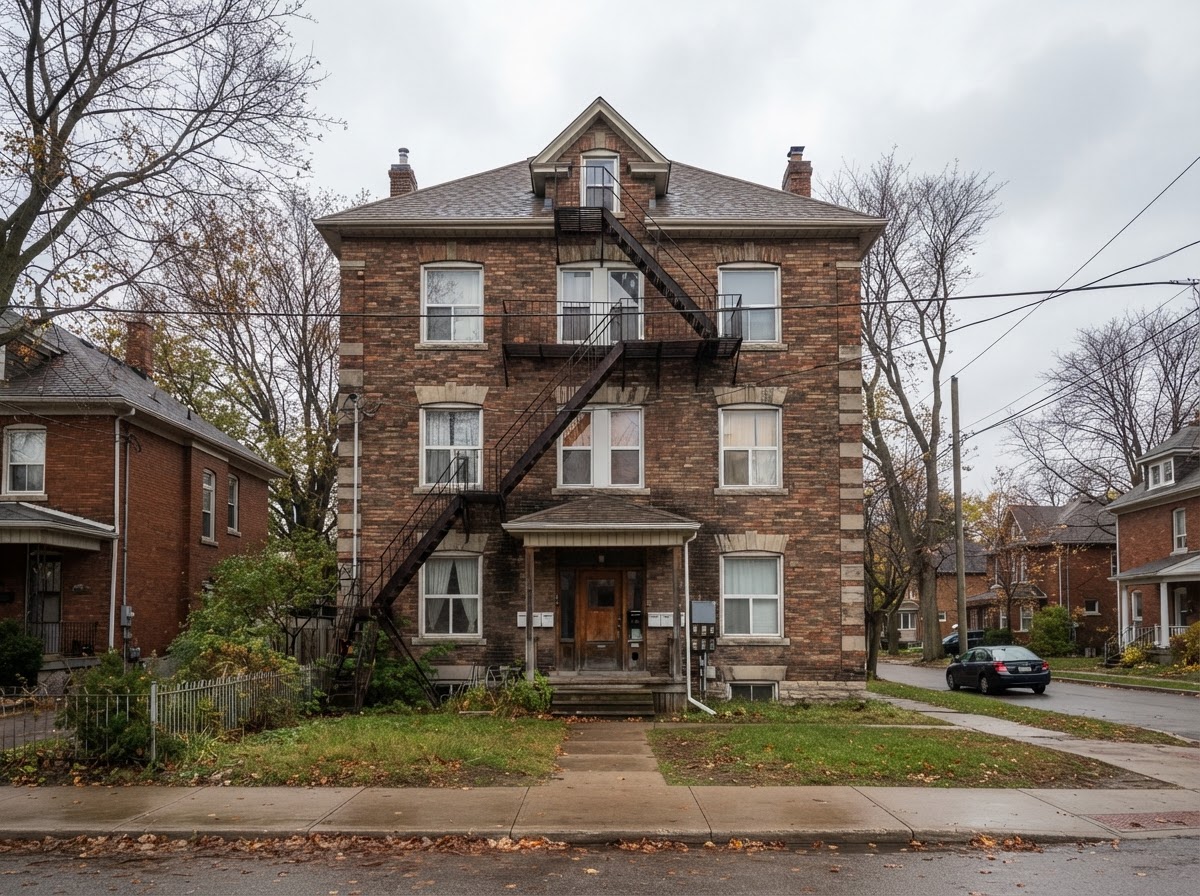 The exterior of an older fourplex with a fire escape, overcast light