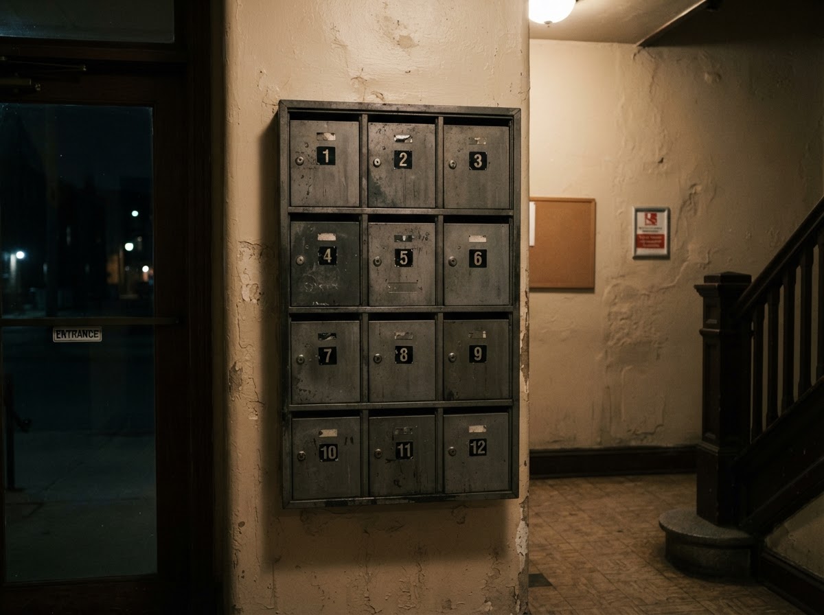 A row of mailboxes in a small apartment building entrance, no visible names