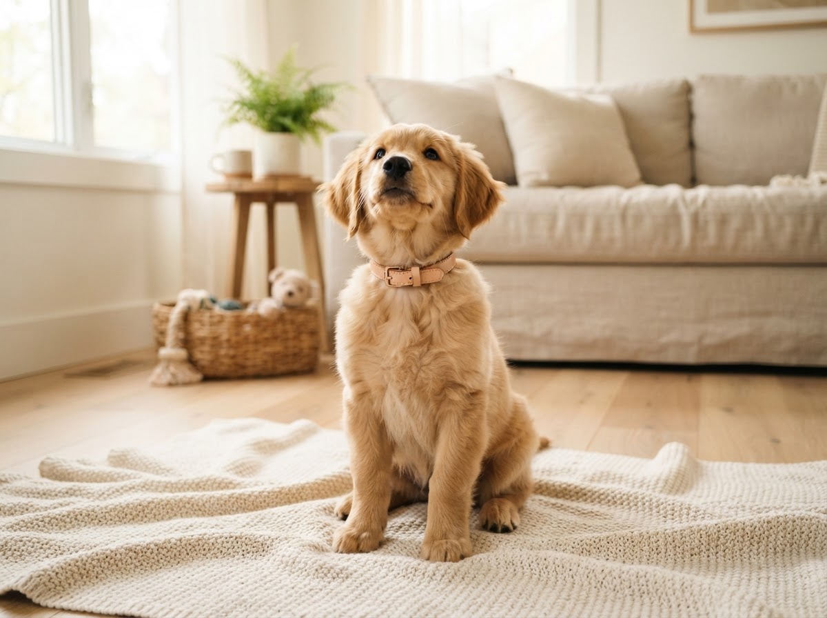 A happy golden retriever puppy sitting attentively on a soft blanket