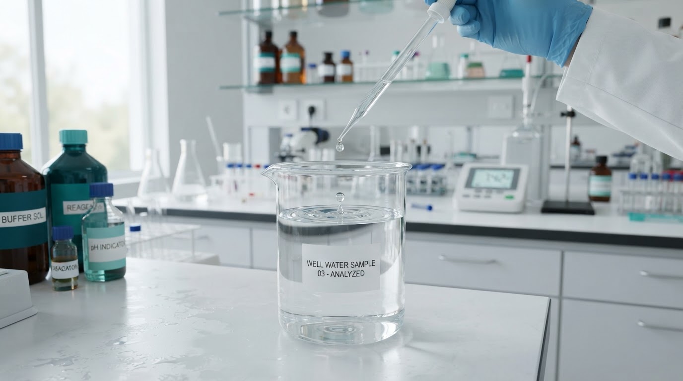 Lab beaker of clear well water being analyzed during a well water test in Charlottesville VA