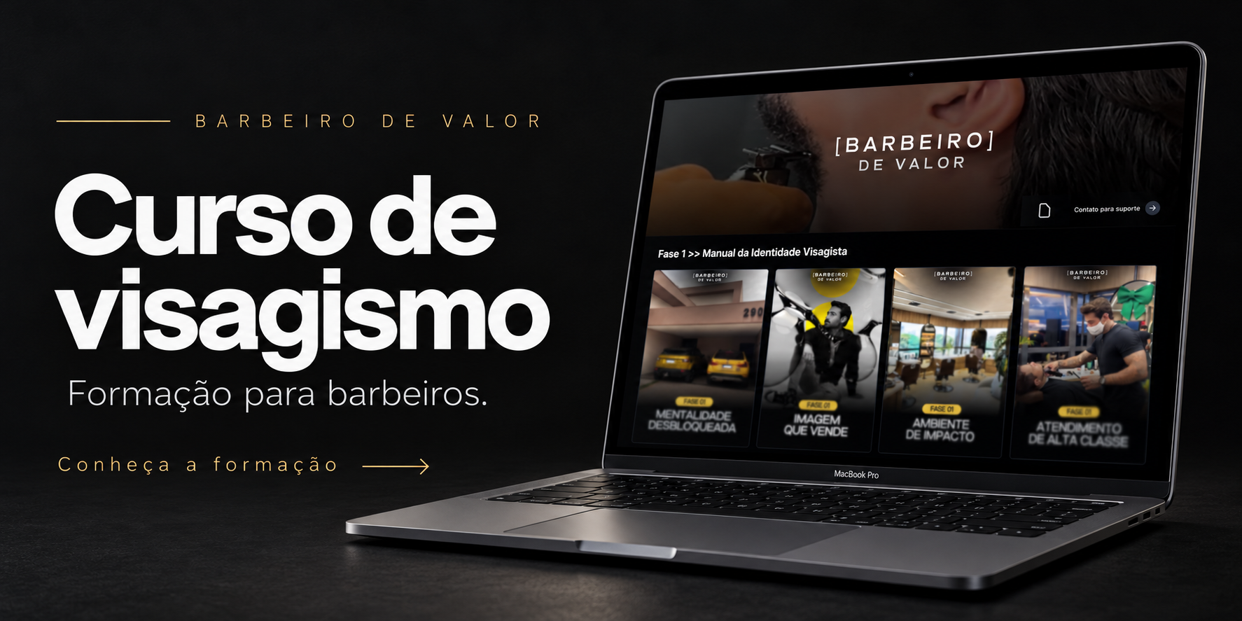 Curso de visagismo Barbeiro de Valor — Formação para barbeiros exibida em tela de MacBook
