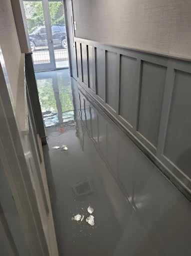 Hudson Epoxy Flooring completed glossy gray reflective interior hallway floor coating alongside paneled wainscoting