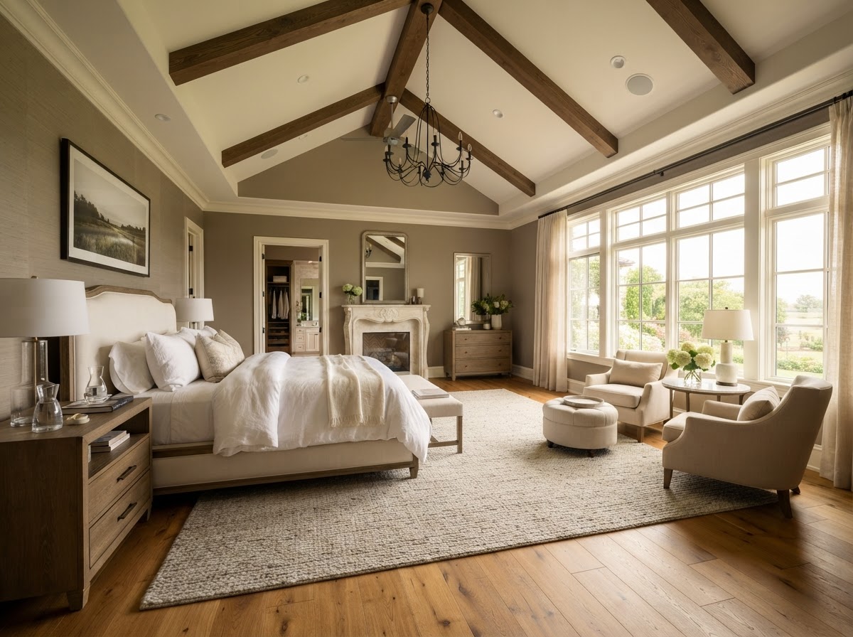 Spacious primary bedroom suite with vaulted ceiling and warm natural light