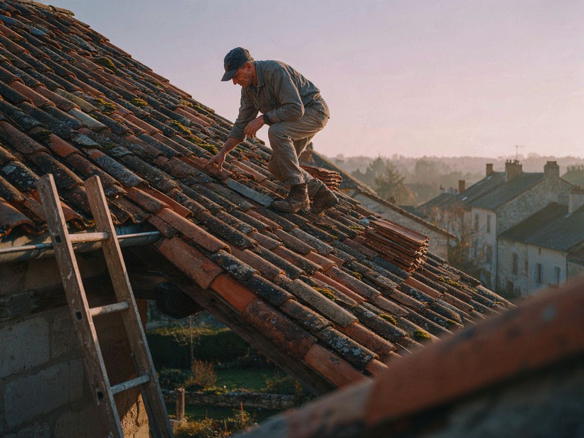 Couvreur travaillant sur une toiture ancienne sans harnais