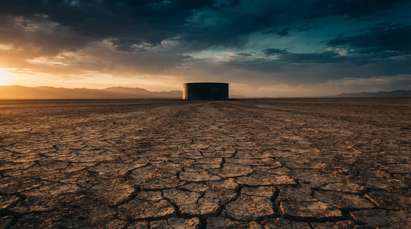 Cracked dry lakebed with a water tank on the horizon
