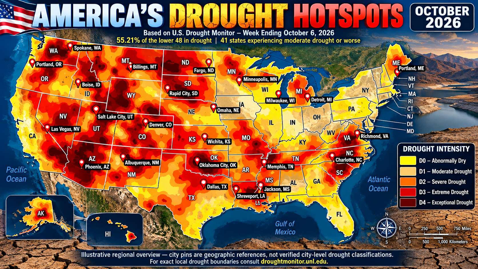 America's Drought Hotspots — Based on U.S. Drought Monitor October 2026 showing 55.21% of the lower 48 in drought across 41 states