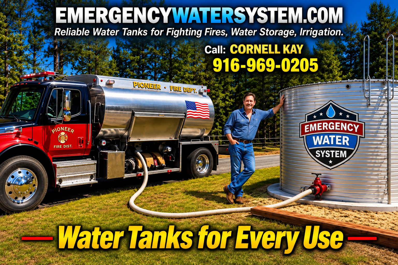 EmergencyWaterSystem.com water tanks for fighting fires, water storage, and irrigation with Pioneer Fire Dept truck and Cornell Kay