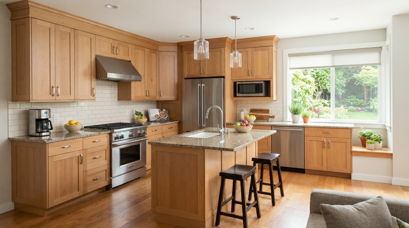 Modern kitchen with stainless steel appliances and granite counters
