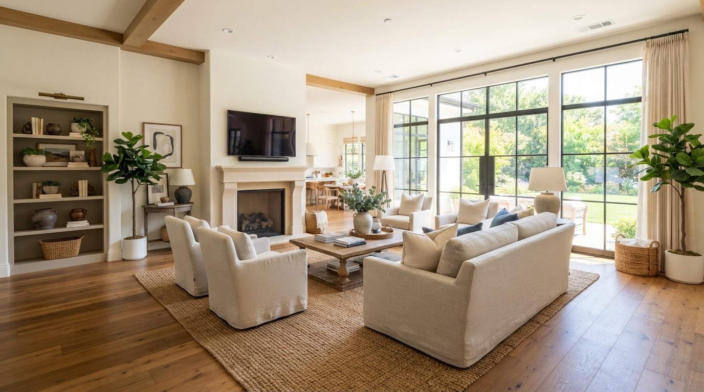 Bright furnished living room with natural light