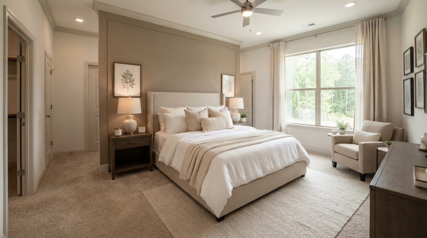 Spacious primary bedroom with neutral bedding and natural light