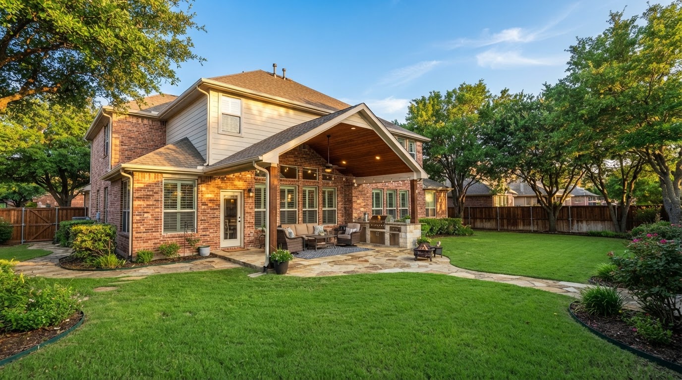 Rear exterior and covered patio with large backyard