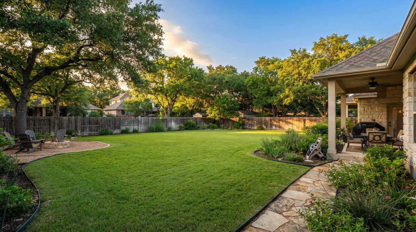Large green backyard with mature shade trees