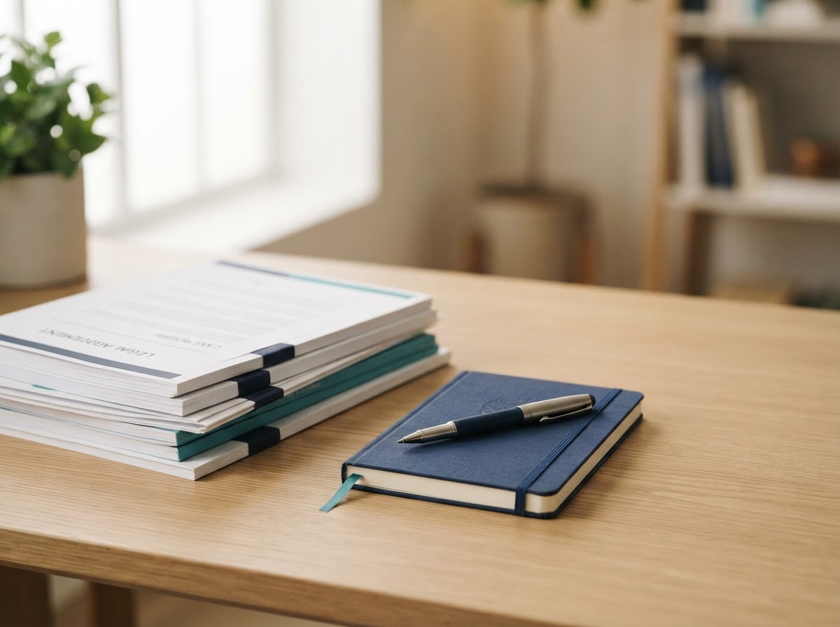 A tidy desk with neatly organised paperwork and a notebook, representing calm, practical legal support.