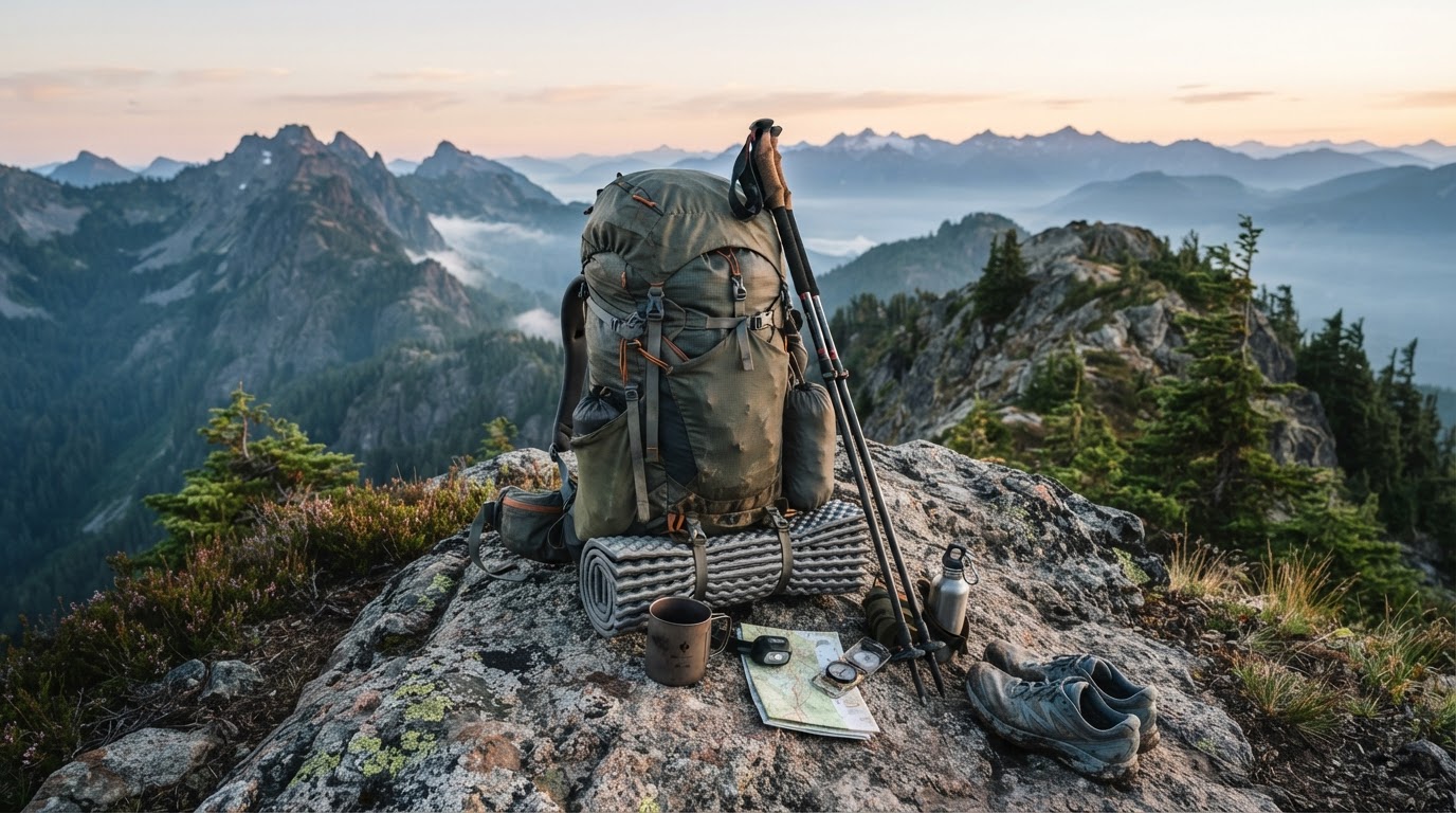 Technical outdoor gear and backpacking equipment on a mountain ridgeline