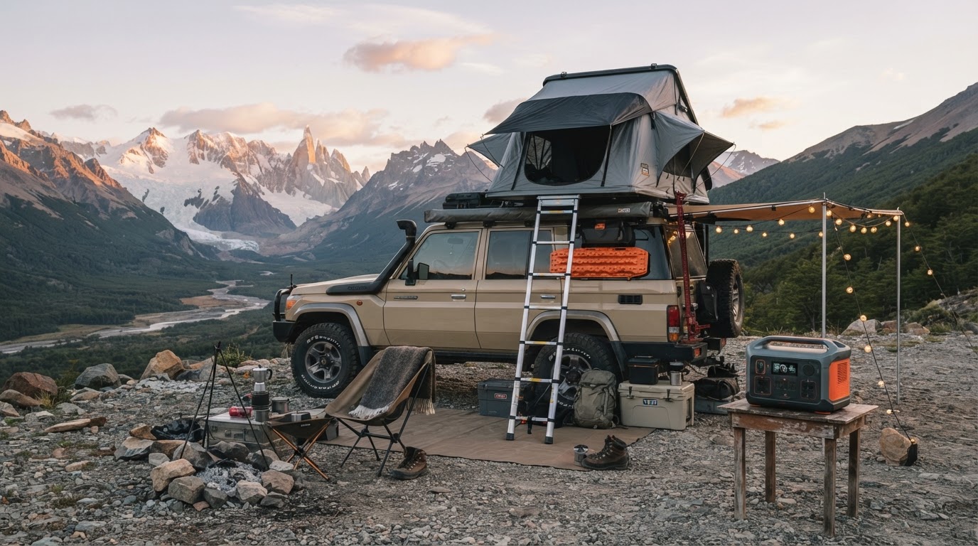 Overland camper and rooftop tent setup at a backcountry campsite