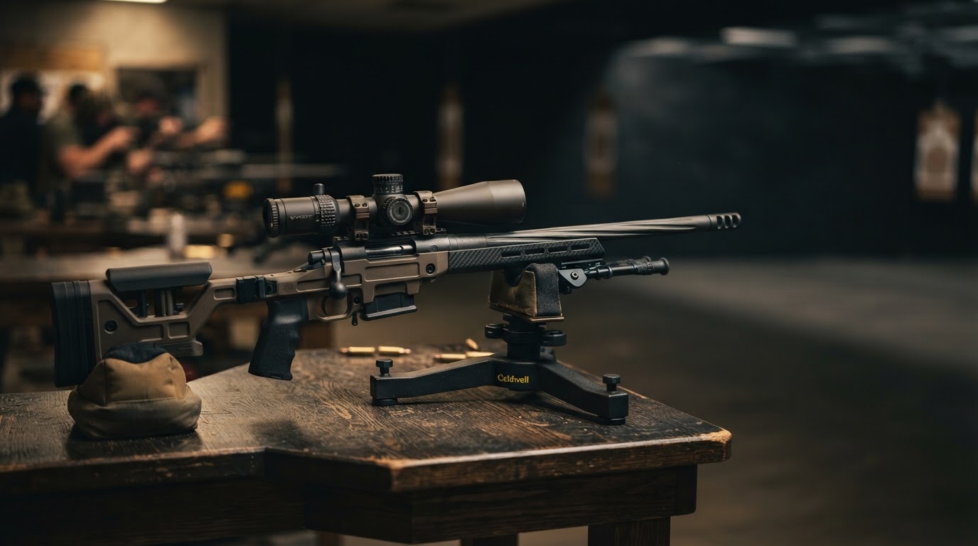 Precision tactical rifle and optic on a shooting range bench rest
