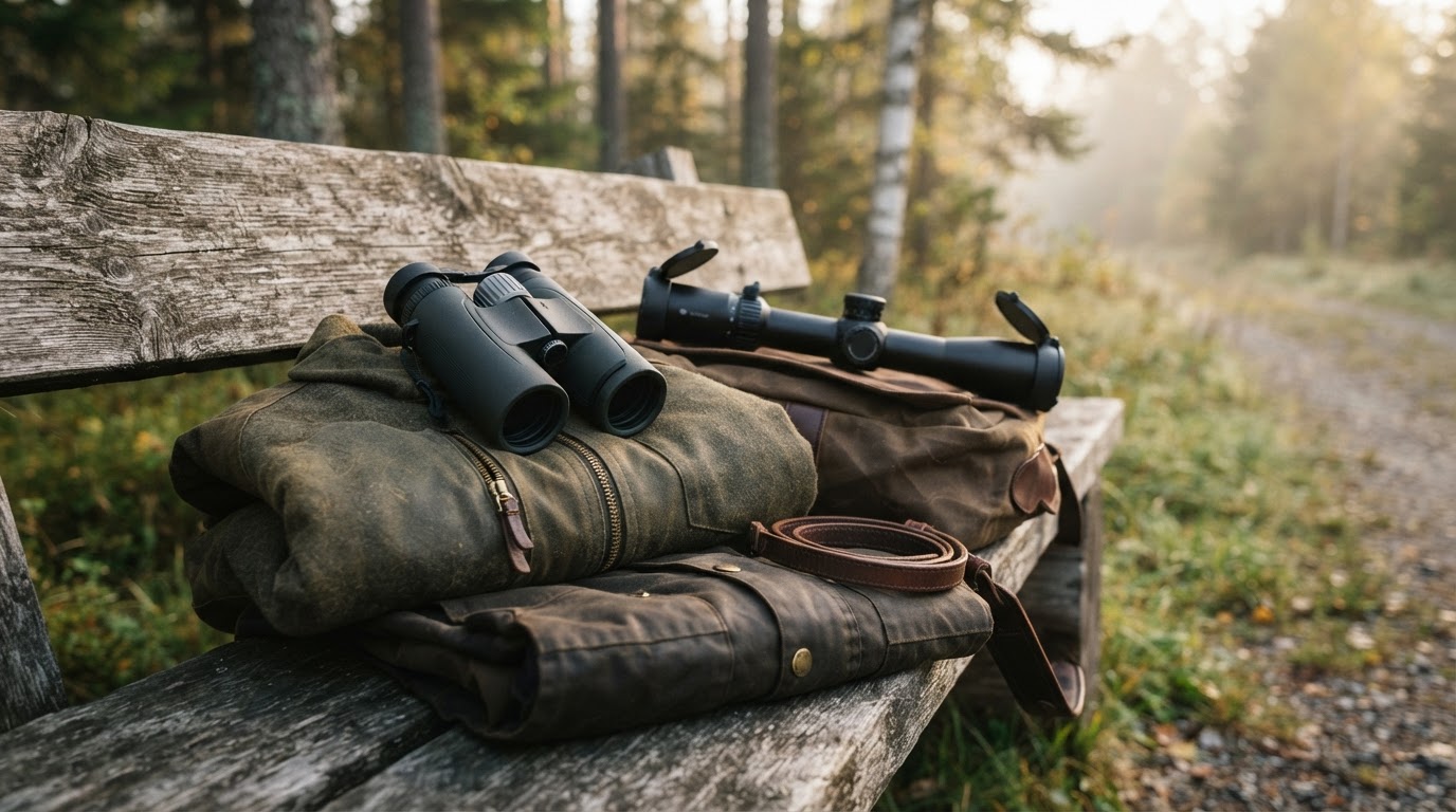 Hunting optics and rugged field apparel in early morning light