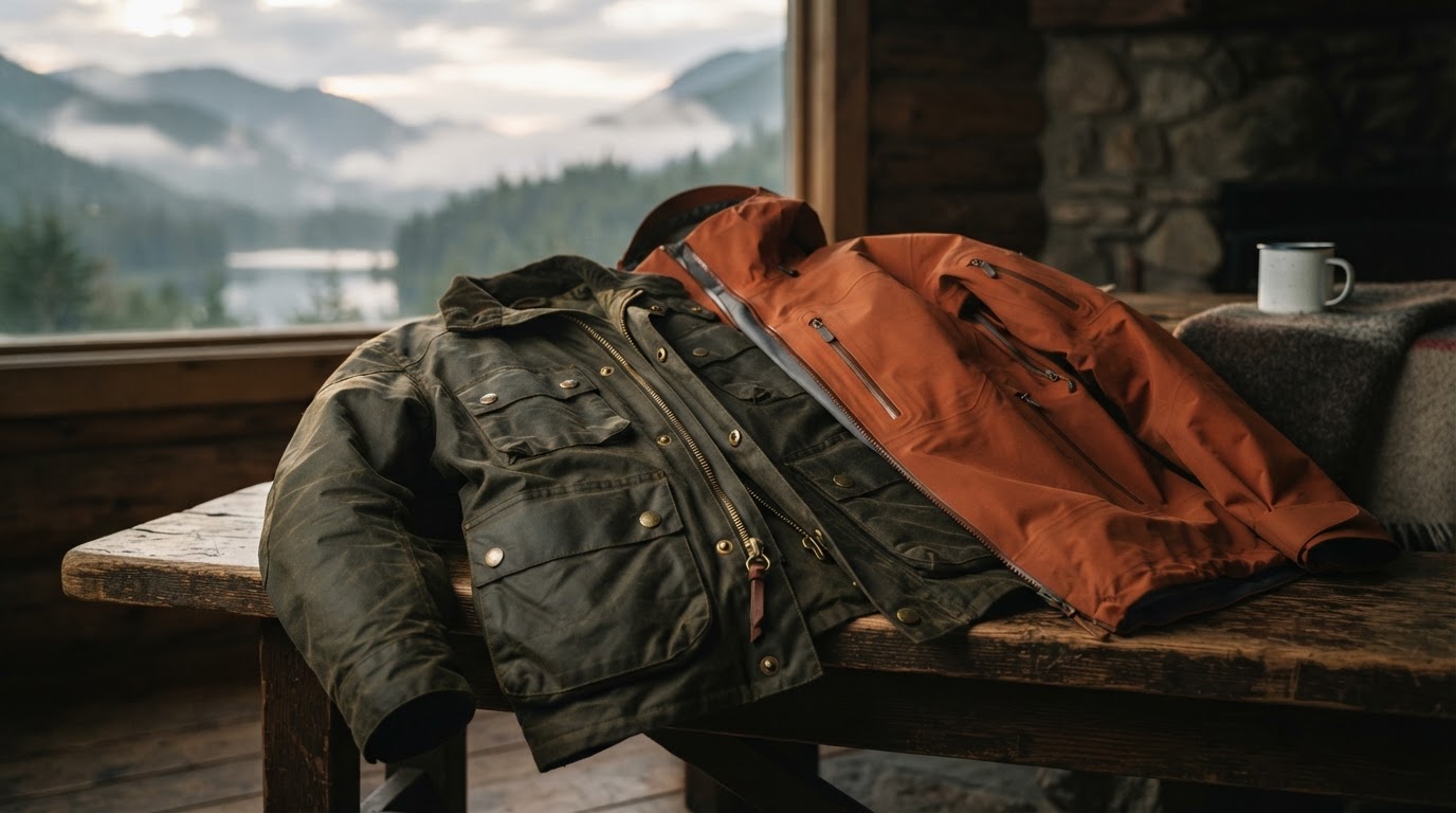Rugged outdoor and tactical lifestyle apparel styled as a commercial product