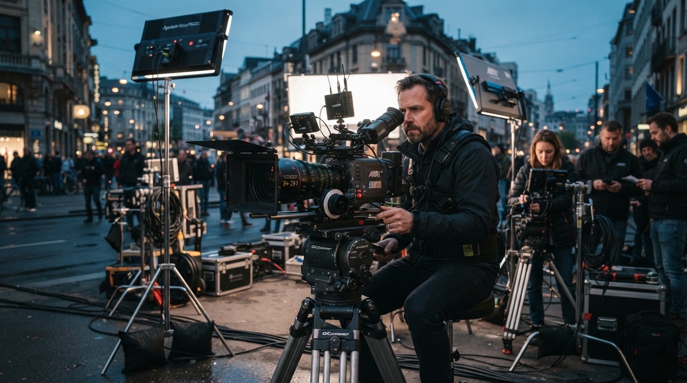 Cinema-grade camera rig on an outdoor film production set at dusk