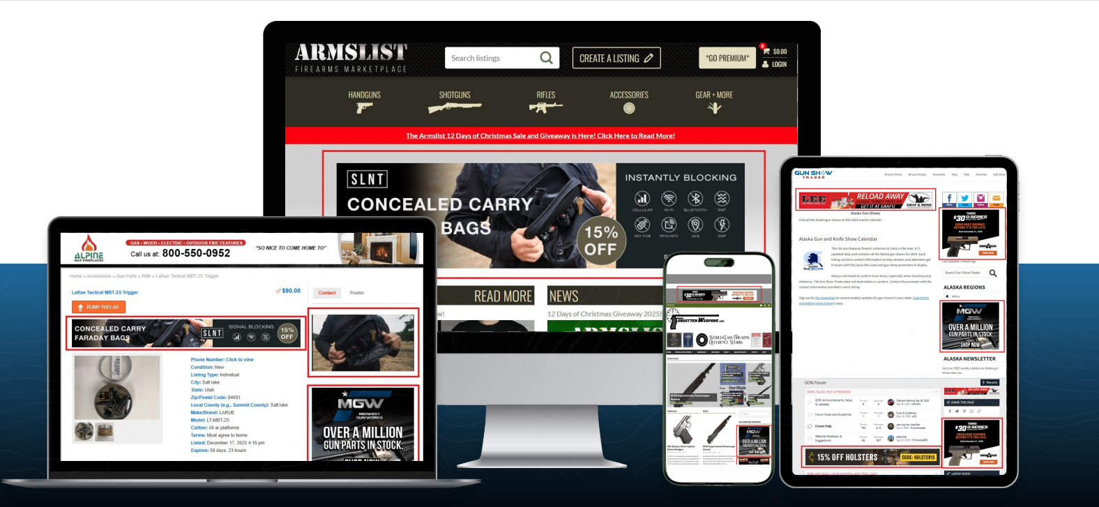 Multi-device display of 2A ad placements across top firearms and outdoor publisher websites