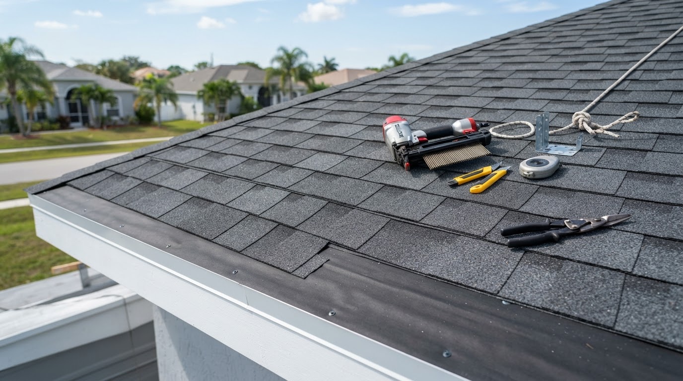 Asphalt shingle roofing materials and tools on a South Florida roof