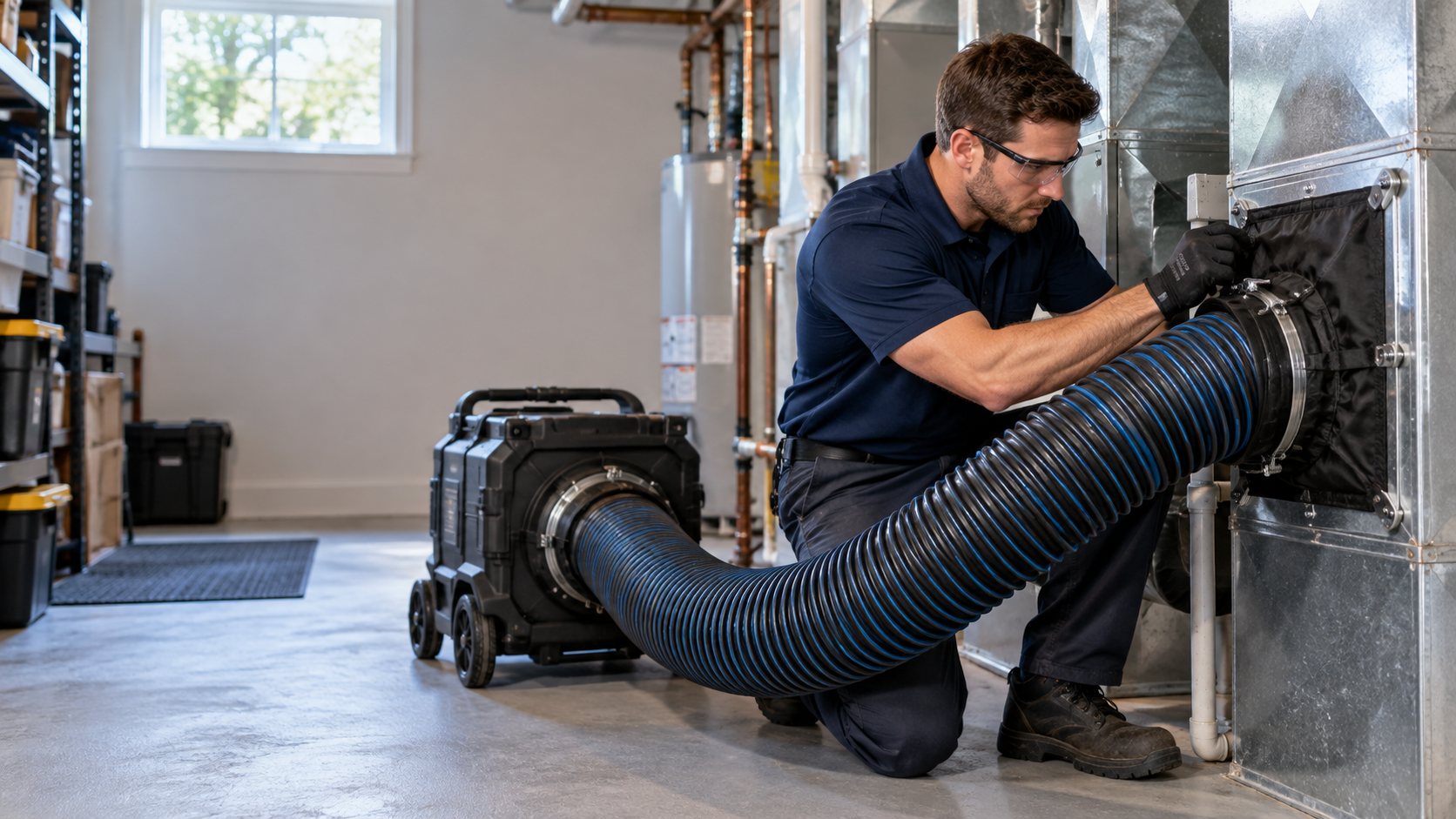 Illustrative photo of air duct cleaning equipment connected to residential furnace ductwork