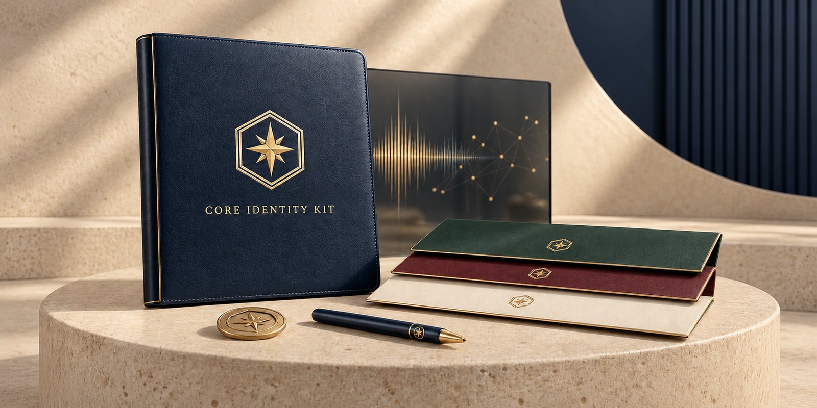 A Core Identity Kit binder, folders, and pen.