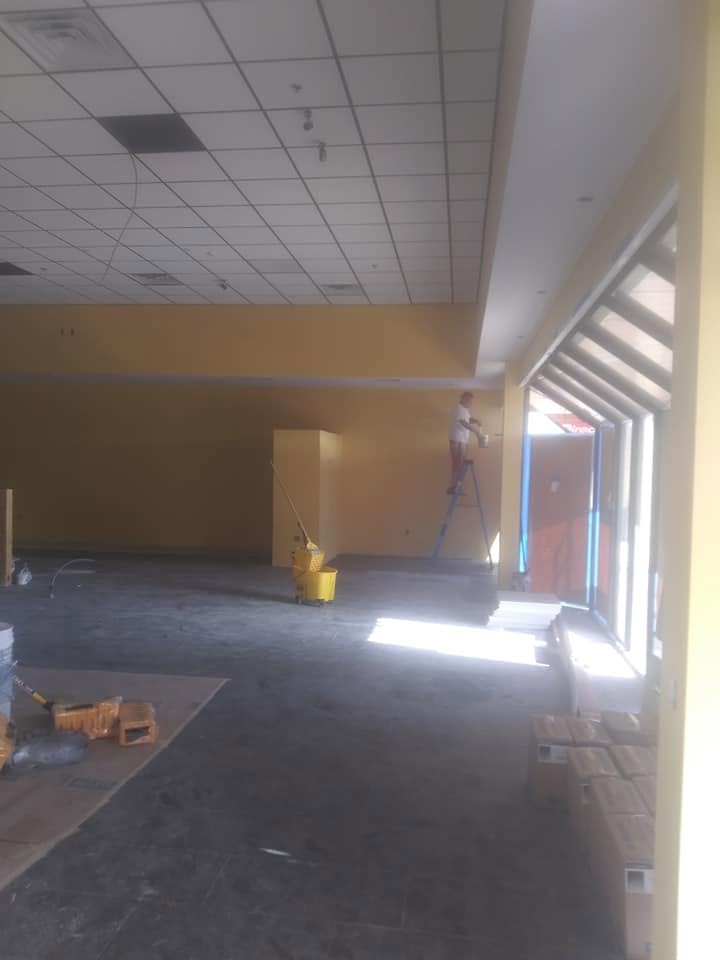 Commercial painter cutting in retail showroom walls beneath drop ceiling grid and front window wall in Naples