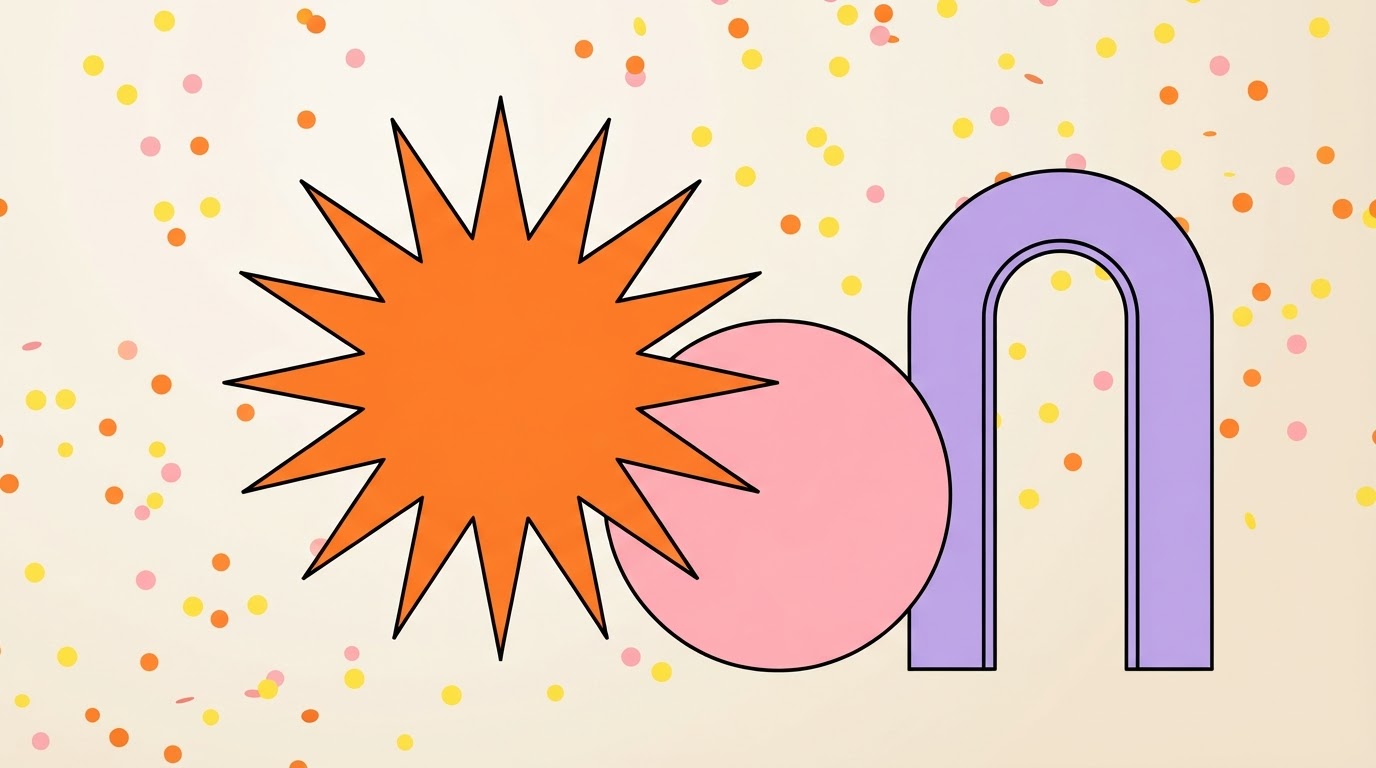 Bold SUBU-inspired brand illustration with orange starbursts and pink shapes