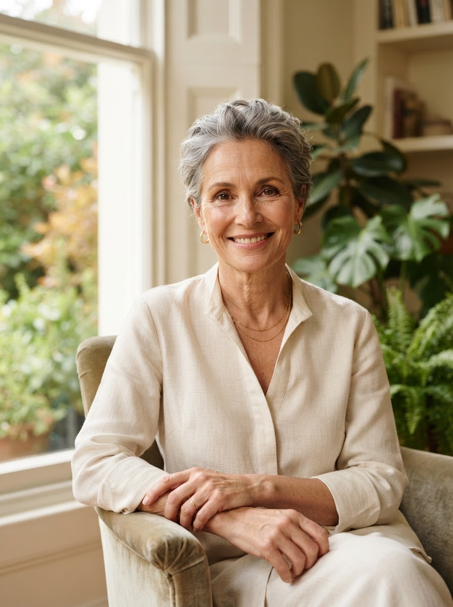 Editorial portrait of an elegant mature woman with natural skin