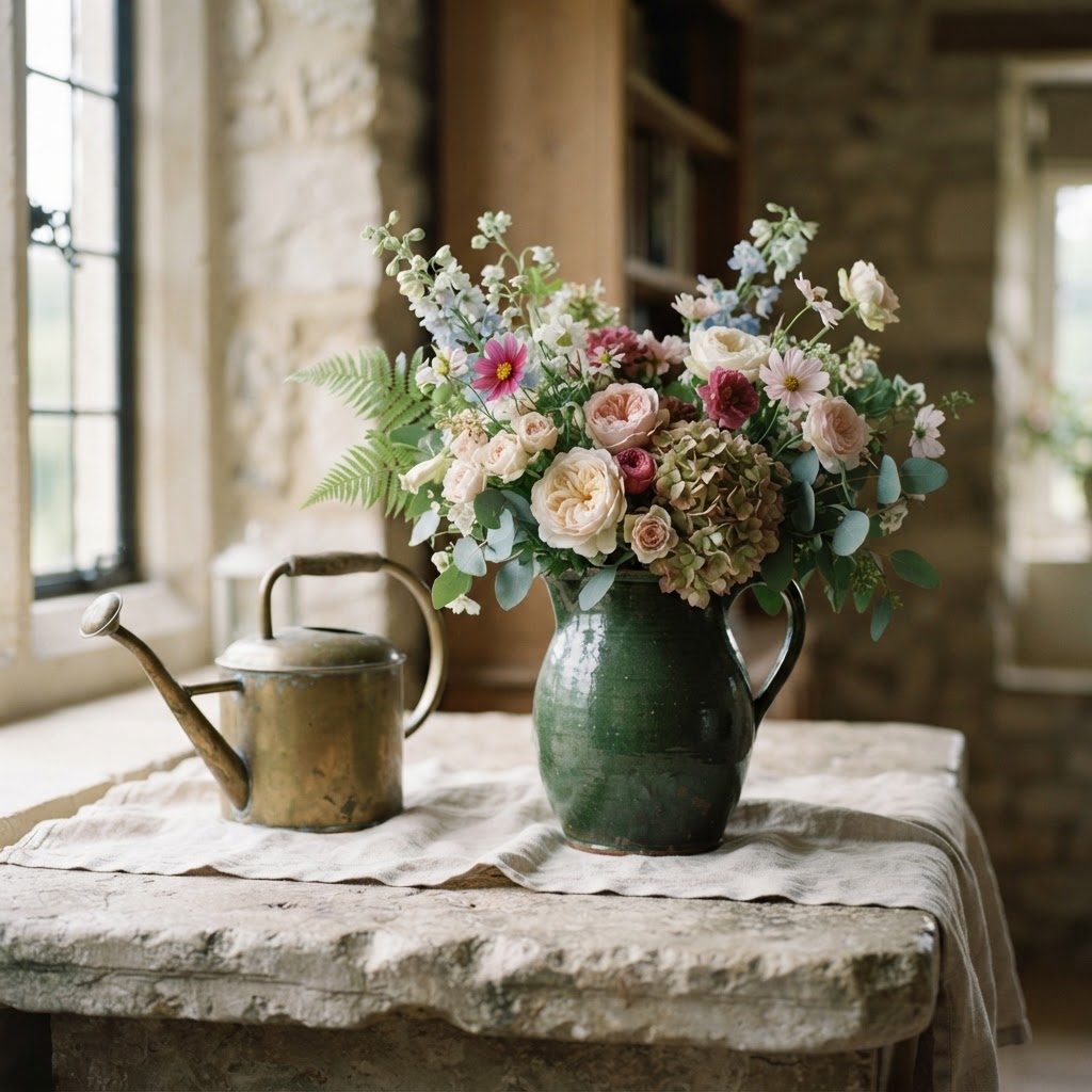 Country collectibles and a floral arrangement on a stone surface