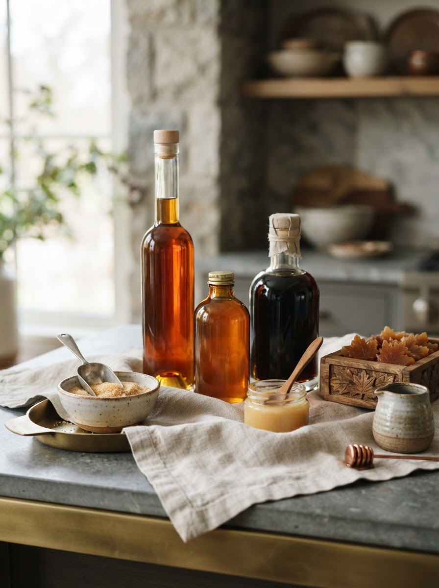Vermont maple syrup bottles and maple products on linen and stone