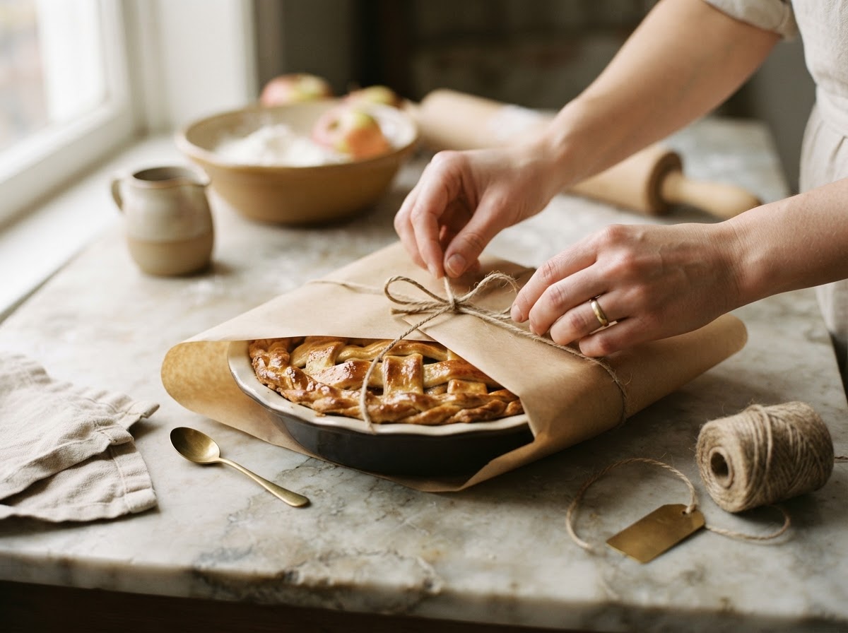 Hands wrapping a pie in kraft paper and twine on a stone counter