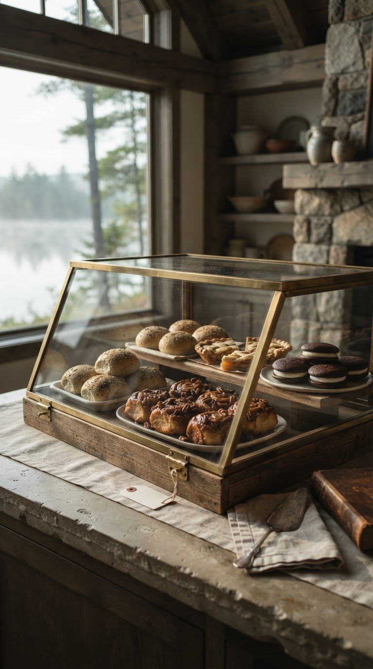 Morning light on a bakery case of sticky buns, rolls, and pies at The Shoppes at the Eastside