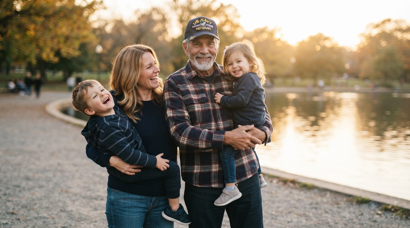 A military veteran standing with his adult daughter and grandchildren at golden hour