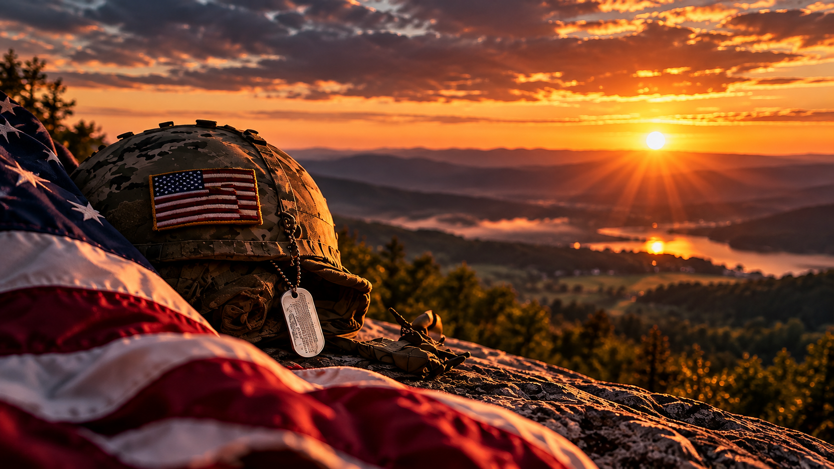 Military helmet with American flag patch and dog tags resting at sunset overlook