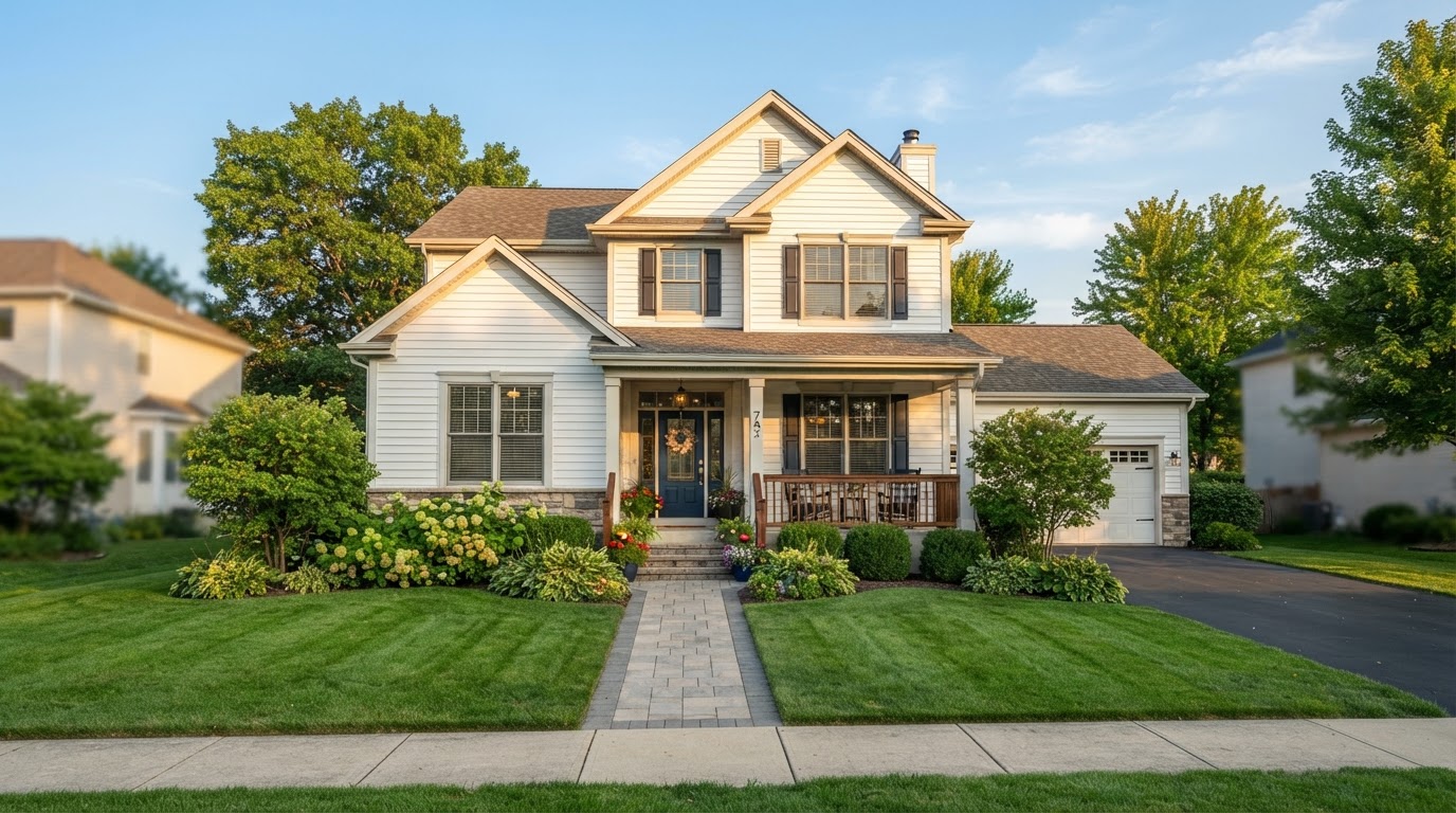 A well-maintained suburban home with a green lawn