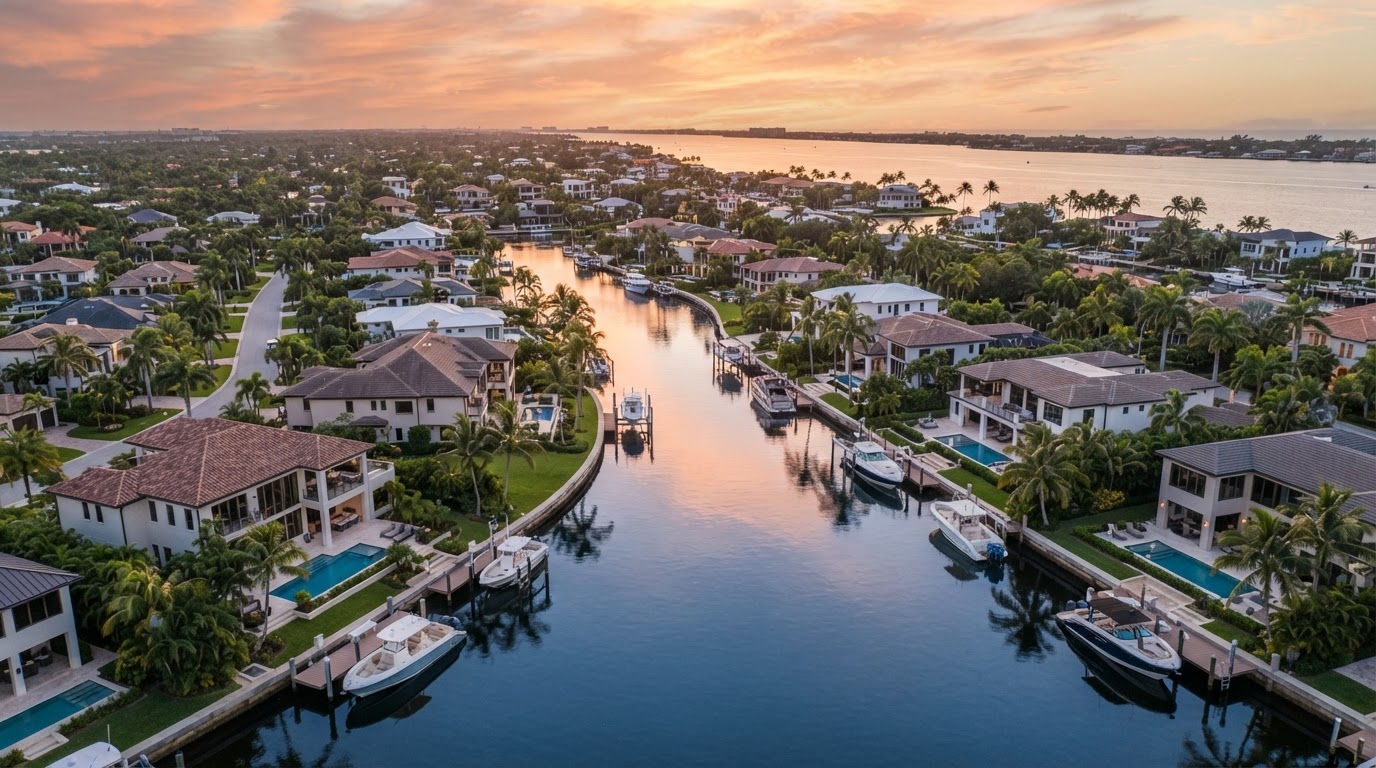 Florida waterfront homes at golden hour