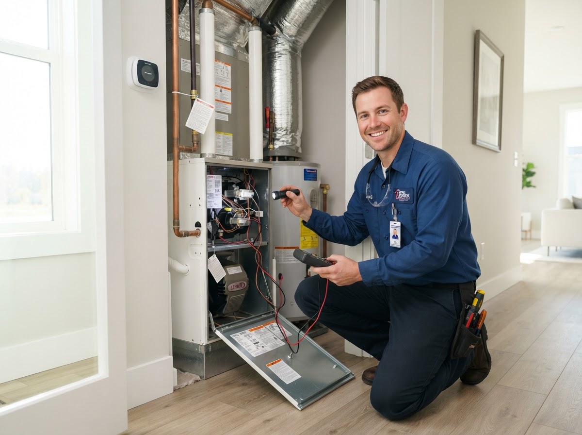 Home services technician inspecting residential HVAC equipment