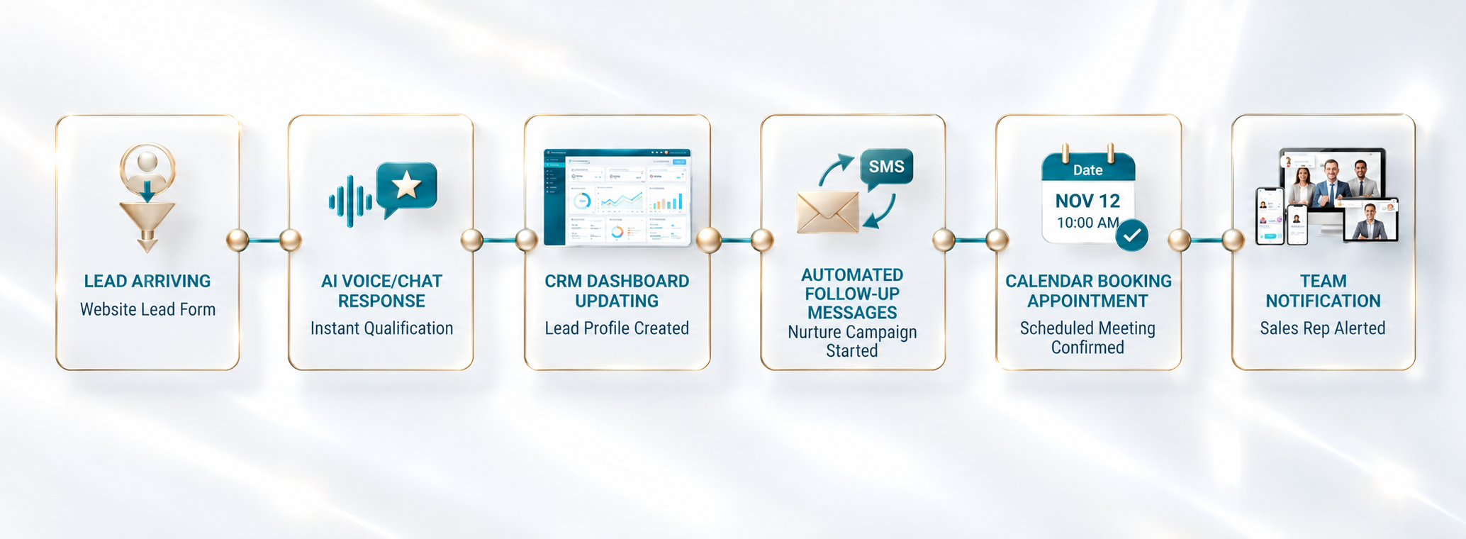 One connected system infographic: Lead Arriving, AI Voice/Chat Response, CRM Dashboard Updating, Automated Follow-Up Messages, Calendar Booking Appointment, Team Notification