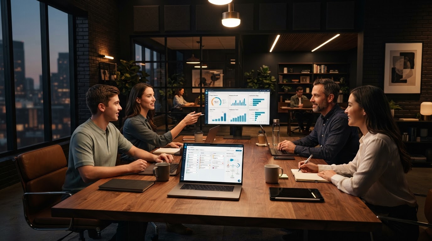 ADX team building a connected digital system with CRM, automation, and AI in a modern collaborative workspace